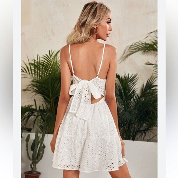 SHEIN Dresses & Skirts - SHEIN Tied Backless Schiffy Cami Elegant White Eyelet Mini Dress Women’s Medium